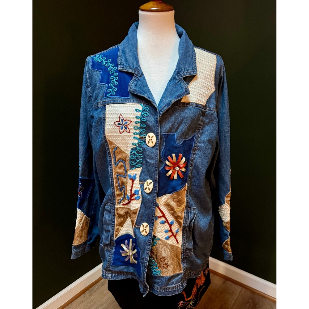 Vintage Indigo Moon 100% Cotton‎ Patchwork Denim Jacket Women's L